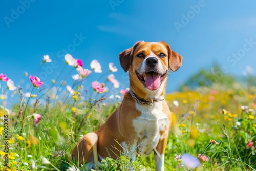 Cute dog sitting on a grassy field colorful flowers under a clear blue sky in a warm and sunny day © Maryam
