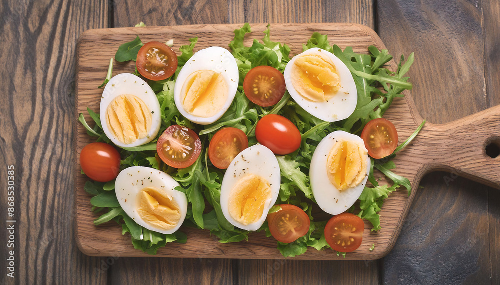 Sliced boiled eggs on mixed greens with avocado and cherry tomatoes on a rustic wooden board. Healthy vegetarian food. Sliced boiled eggs on mixed greens with avocado and cherry tomatoes on a rustic wooden board. Healthy vegetarian food.
