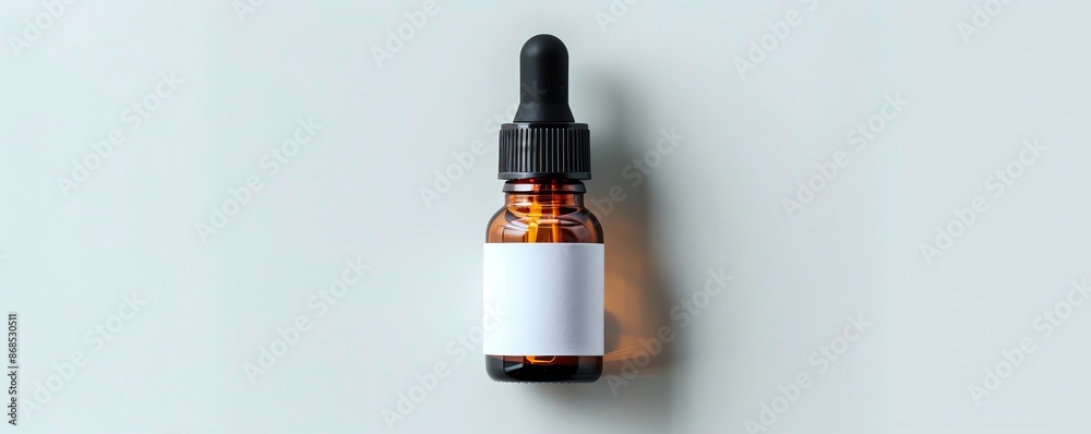 Dropper bottle with a blank label, centered on a white background, minimalistic mockup Dropper bottle with a blank label, centered on a white background, minimalistic mockup