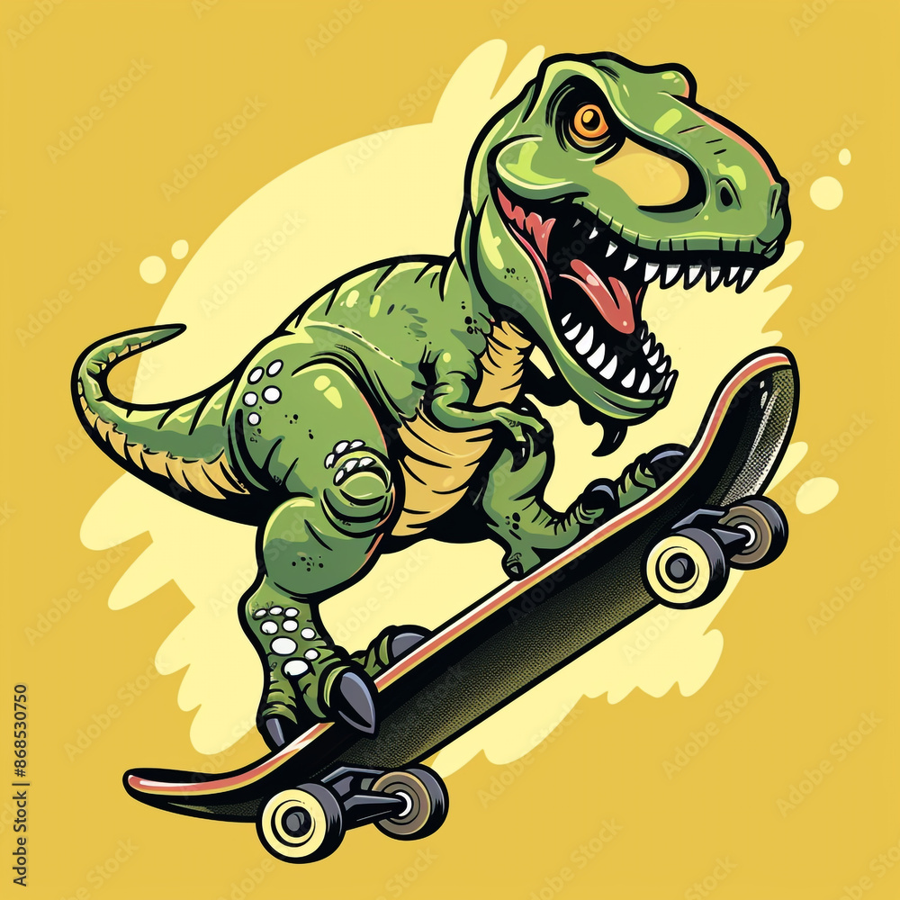 Fototapeta premium Cartoon of a t-rex riding a skateboard happily. Plain color background