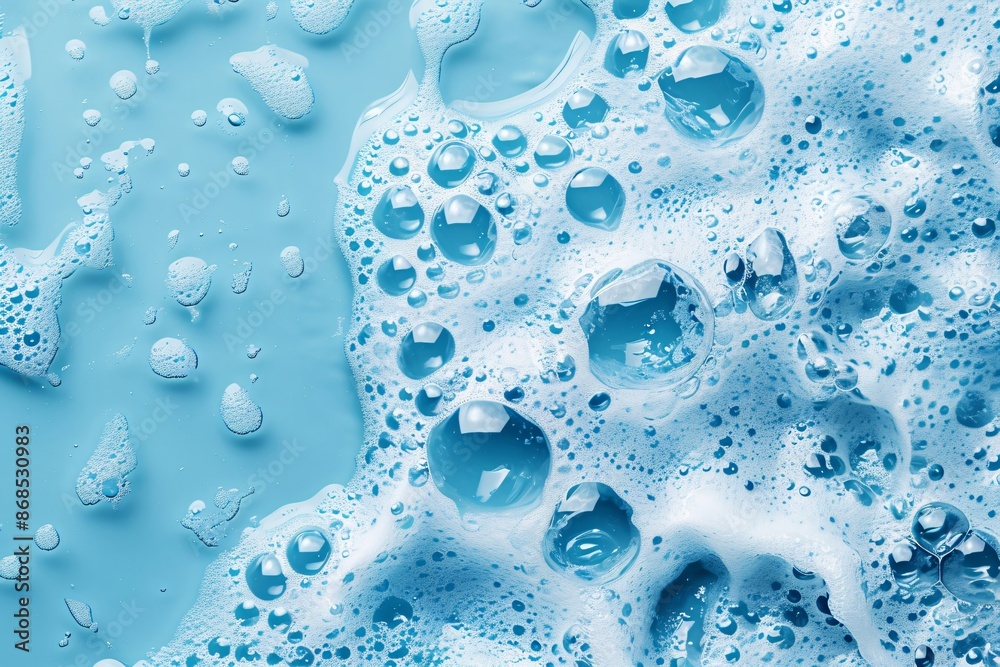 White soap foam with bubbles texture on blue background. Detergent foam bubble on water, soap sud. Face cleansing mousse smudge, shower gel, hair shampoo foam smear texture. Beauty, clean and laundry White soap foam with bubbles texture on blue background. Detergent foam bubble on water, soap sud. Face cleansing mousse smudge, shower gel, hair shampoo foam smear texture. Beauty, clean and laundry