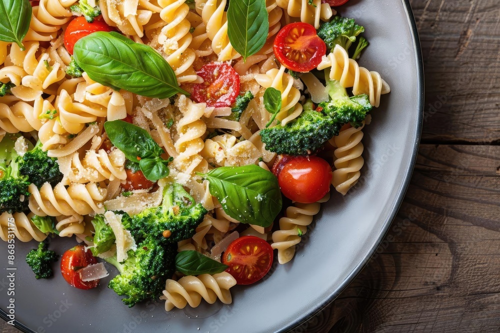 Delicious fusilli pasta salad with cherry tomatoes, broccoli, and fresh basil on a wooden table. Perfect for healthy meals and food photography. Delicious fusilli pasta salad with cherry tomatoes, broccoli, and fresh basil on a wooden table. Perfect for healthy meals and food photography.