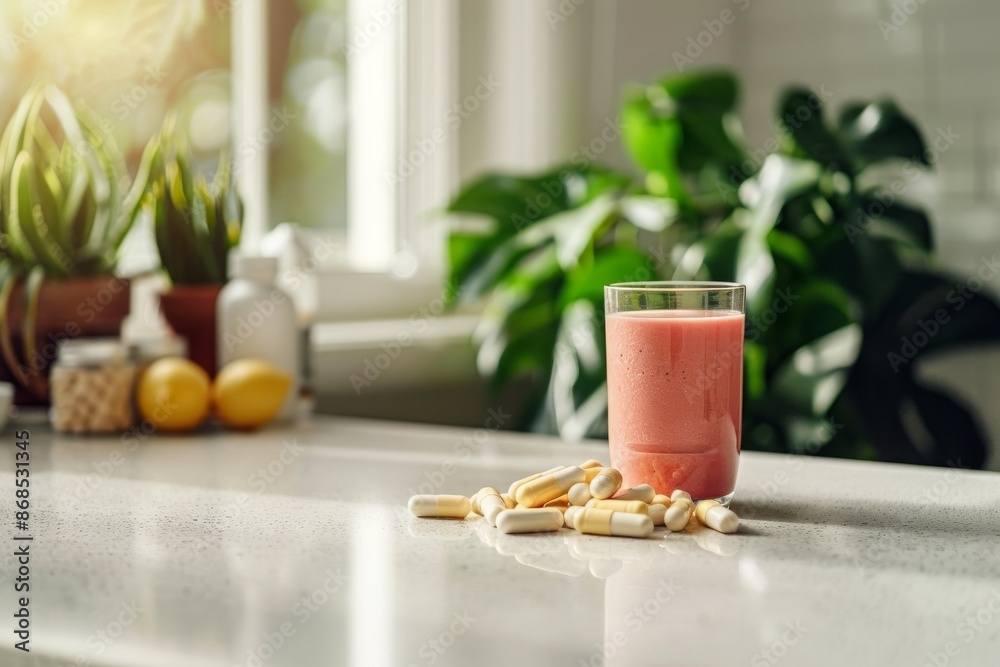 Pink Smoothie With Supplements on Kitchen Countertop Pink Smoothie With Supplements on Kitchen Countertop