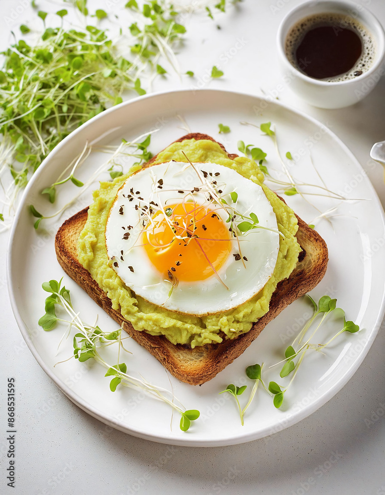 Whole grain toast with mashed avocado, sunny-side-up egg, microgreens on a white ceramic plate. Healthy breakfast. Whole grain toast with mashed avocado, sunny-side-up egg, microgreens on a white ceramic plate. Healthy breakfast.