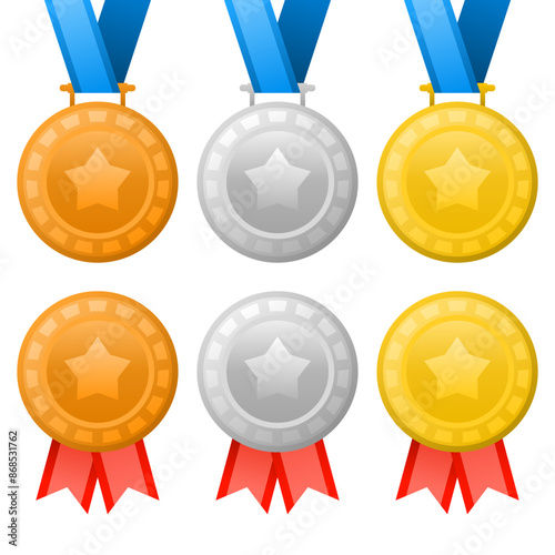Set of medals, gold, silver, bronze medals on white background