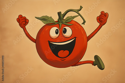 vintage illustrated tomato with a smiley face, tomato face