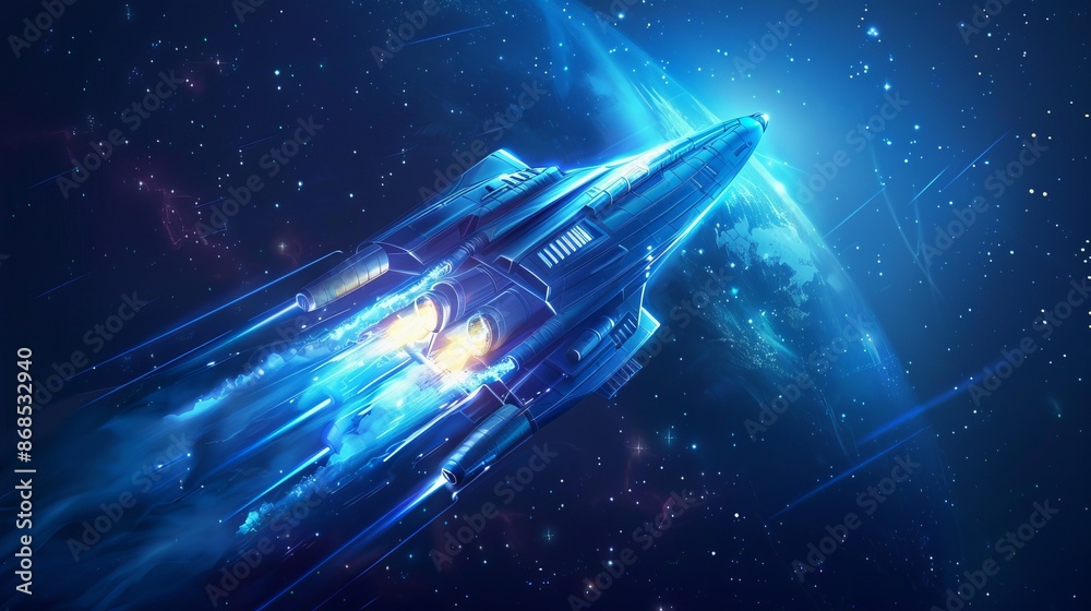 Fototapeta premium AI Generated Galaxy Space Scene with Cosmic Satellite and Rocket Ship - Perfect for Space Adventures Promotion