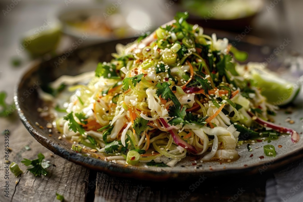 Close-up of colorful fresh vegetable salad with herbs on a rustic plate, showcasing vibrant and healthy ingredients. Close-up of colorful fresh vegetable salad with herbs on a rustic plate, showcasing vibrant and healthy ingredients.