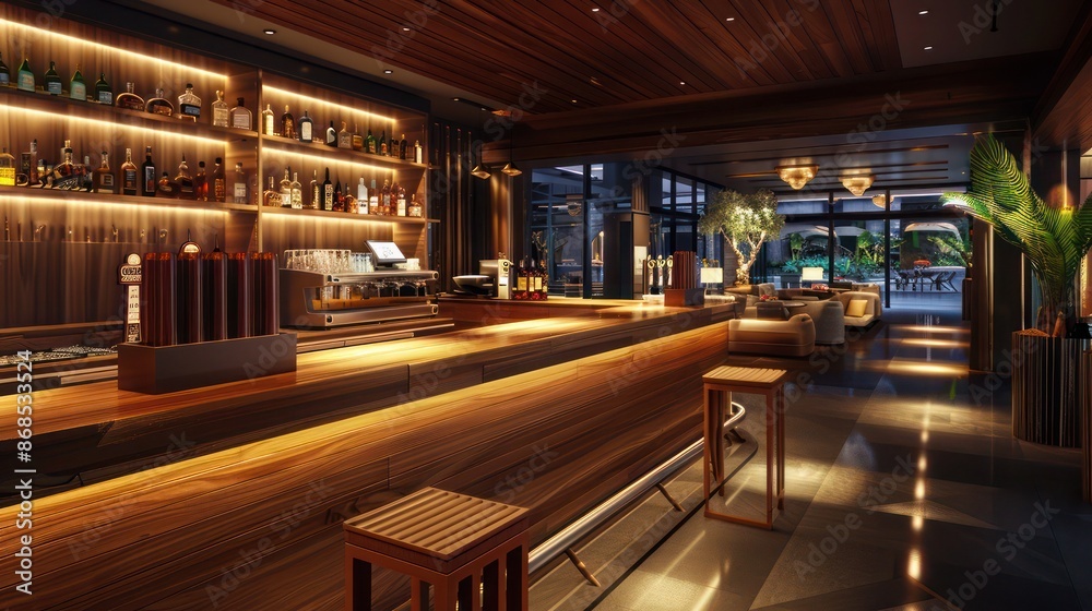 high-end bar with sleek wooden counters and a modern, sophisticated look high-end bar with sleek wooden counters and a modern, sophisticated look