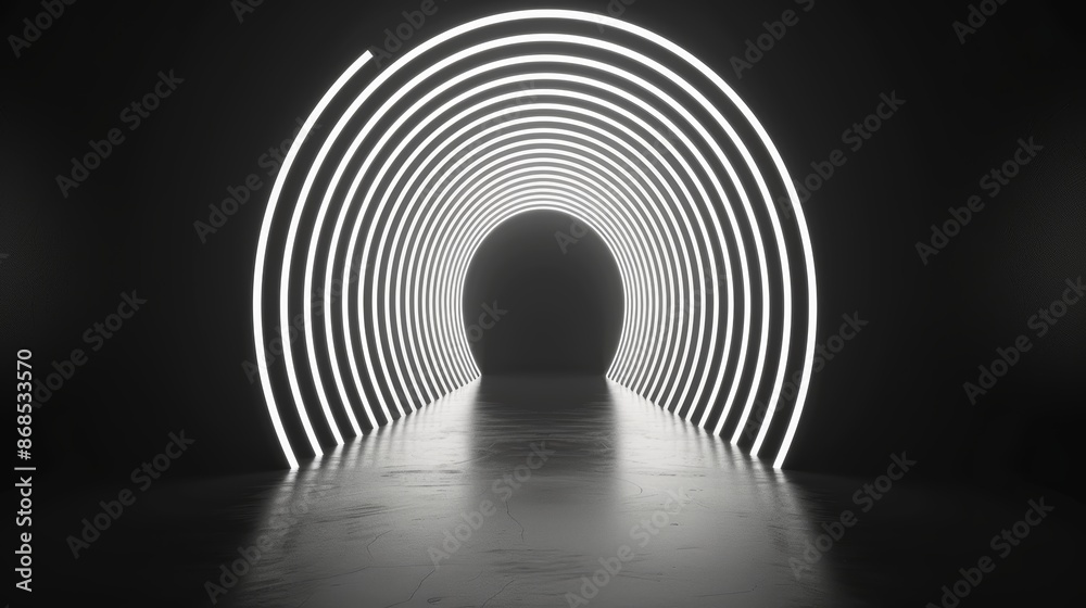 Obraz premium Abstract dark futuristic tunnel with glowing light, technology and innovation concept, modern design, sleek and high-tech aesthetic