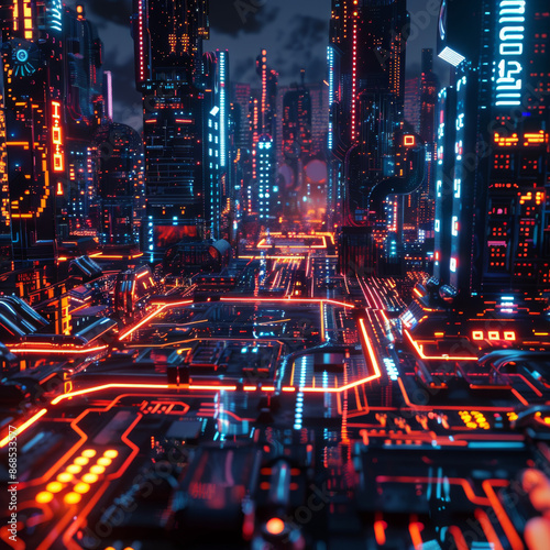 3D render of a technology abstract neon light background featuring an empty space scene with spotlights in a dark night setting. This scene evokes a virtual reality, cyber futuristic sci-fi background