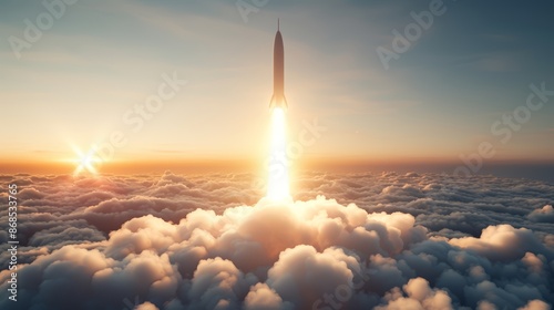 At dawn, a rocket ascends majestically, breaking through clouds, leaving behind a bright, glowing trail of energy, the sky painted with morning hues