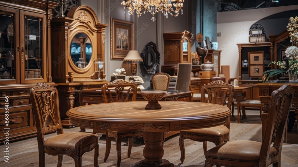 high-end furniture store with unique wooden furniture and an elegant interior high-end furniture store with unique wooden furniture and an elegant interior