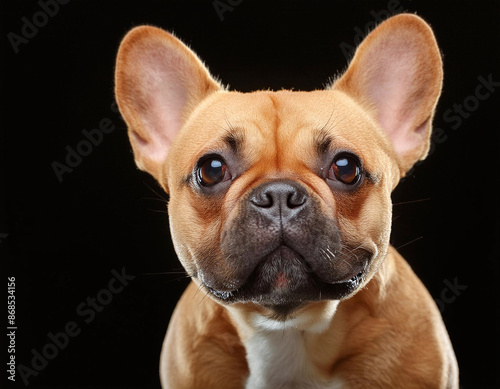 Fawn French bulldog with big ears, expressive eyes, and curious gaze against a dark background