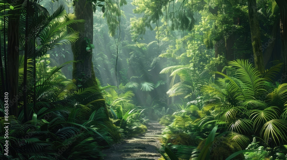 A lush rainforest with towering trees, dense foliage, and a winding path A lush rainforest with towering trees, dense foliage, and a winding path