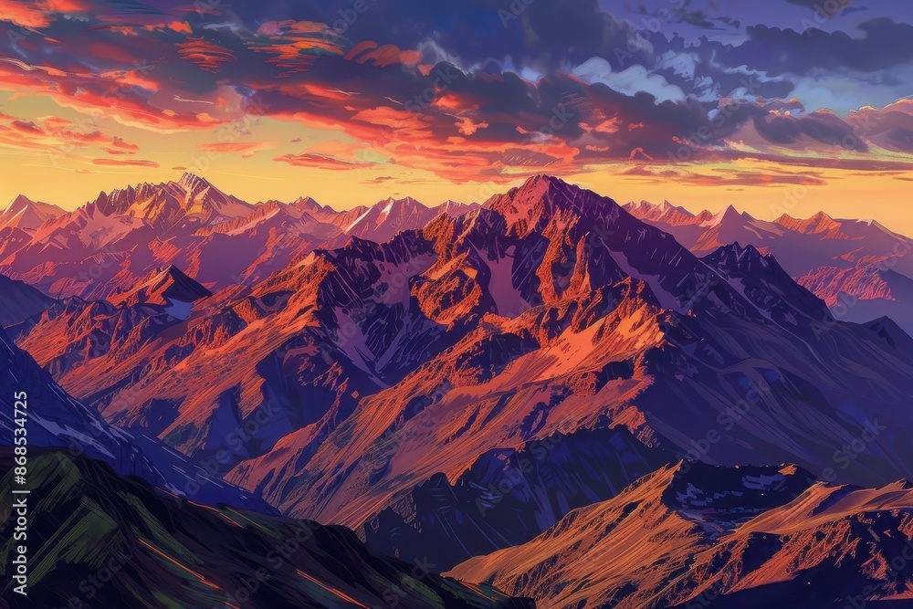 Obraz premium Stunning sunrise over mountain range with vibrant colors in the sky and rugged peaks. Perfect for nature, travel, and adventure themes.