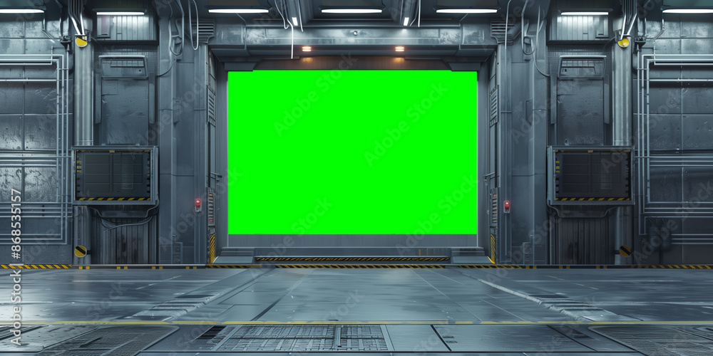 Big empty green screen display in futuristic room
