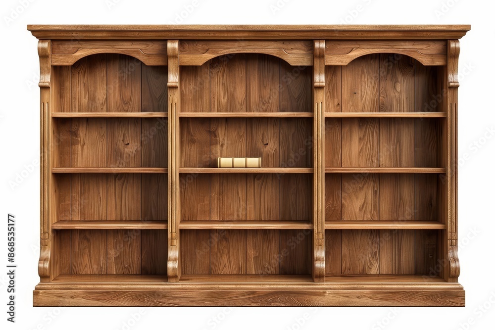 The image shows a wooden bookcase with 3 sections, white background The image shows a wooden bookcase with 3 sections, white background