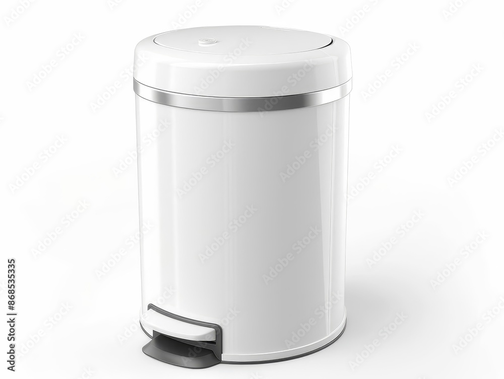 A white metal trash can with a silver lid and a foot pedal, white background