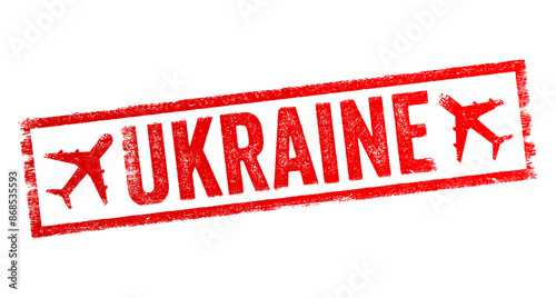 Ukraine is a country in Eastern Europe, it is the second-largest European country, text emblem stamp with airplane
