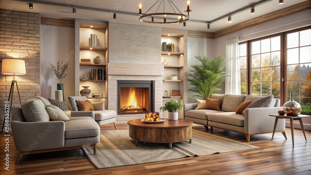Cozy living room interior with a fireplace and comfortable furniture, cozy, living room, interior, fireplace Cozy living room interior with a fireplace and comfortable furniture, cozy, living room, interior, fireplace