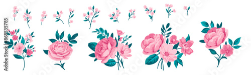 Collection of small pretty rose bouquets for design of greeting cards