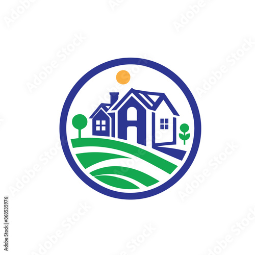 Vector illustration with group of cottages. Simple stylized icon of houses in the village. Perspective view of street with private buildings, trees and fences. Abstract sign of real estate