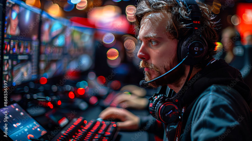 Fototapeta premium Man Playing Games on Desktop PC in Cyber Games Arena