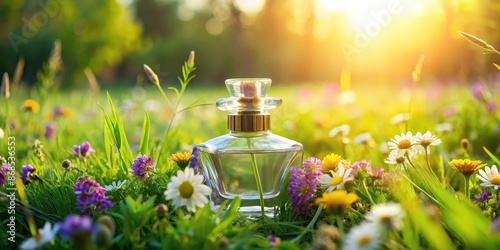 Perfume bottle on vibrant green field with wildflowers, perfume, bottle, green field, wildflowers, fresh, aromatic, scent