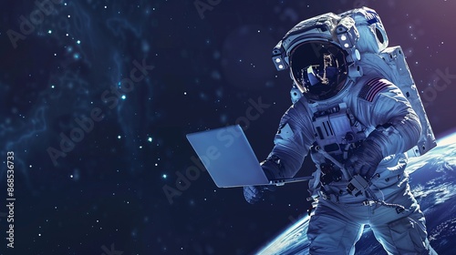 Astronaut in Space Using Laptop Computer, Futuristic Technology Concept with Copy Space, Banner Design © Nazia