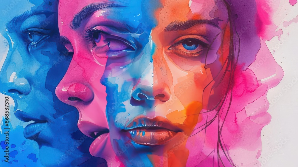 A Close-up Shot of a Diverse faces with watercolor splashes and abstract designs A Close-up Shot of a Diverse faces with watercolor splashes and abstract designs