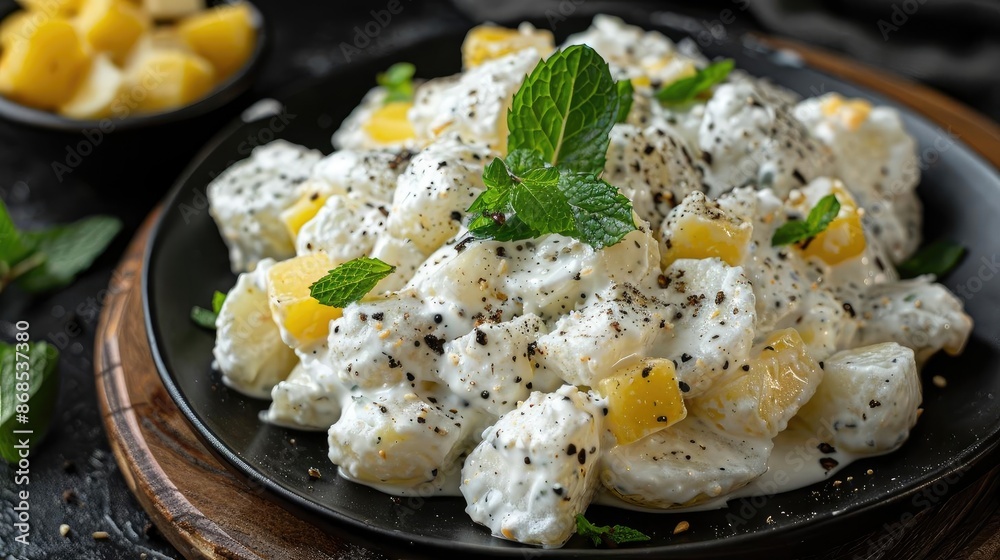 Close-up of a delicious creamy potato salad with mint leaves and pineapple chunks, perfect for a refreshing summer meal.