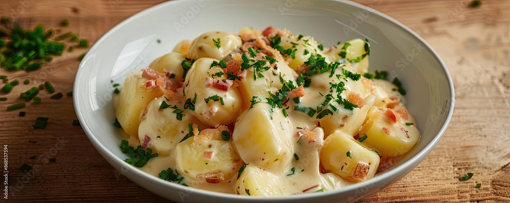 Delicious potato salad with creamy dressing and fresh herbs in a white bowl, perfect for a summer meal or side dish. Delicious potato salad with creamy dressing and fresh herbs in a white bowl, perfect for a summer meal or side dish.