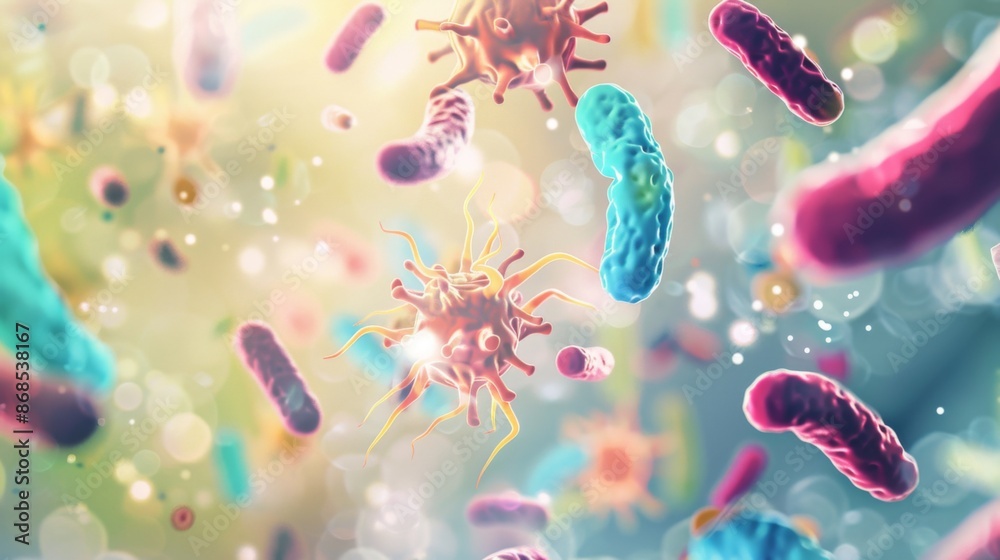 Abstract visualization of probiotics and gram positive bacteria mixed with various virus shapes set against a light backgrou Abstract visualization of probiotics and gram positive bacteria mixed with various virus shapes set against a light backgrou
