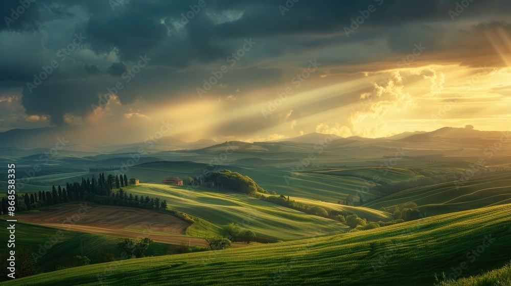 Fototapeta A mesmerizing panorama of rolling hills and farmland under a dramatic sky