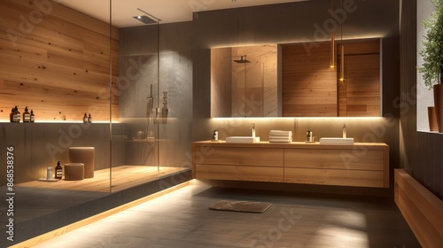 luxury bathroom with a wooden vanity and sleek, modern fixtures © Ramzan