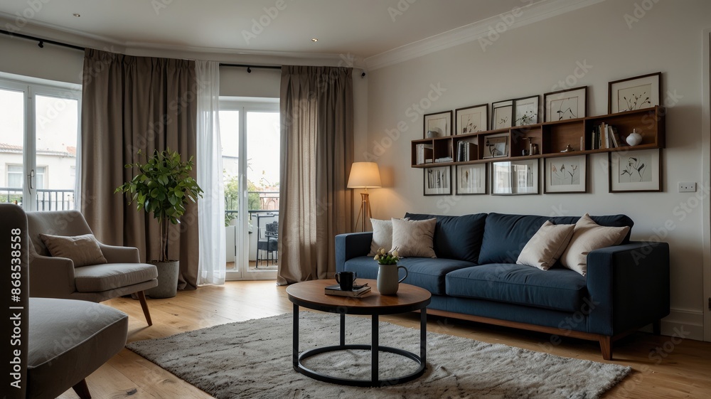 Interior of light living room with grey sofas, coffee table and large window Interior of light living room with grey sofas, coffee table and large window