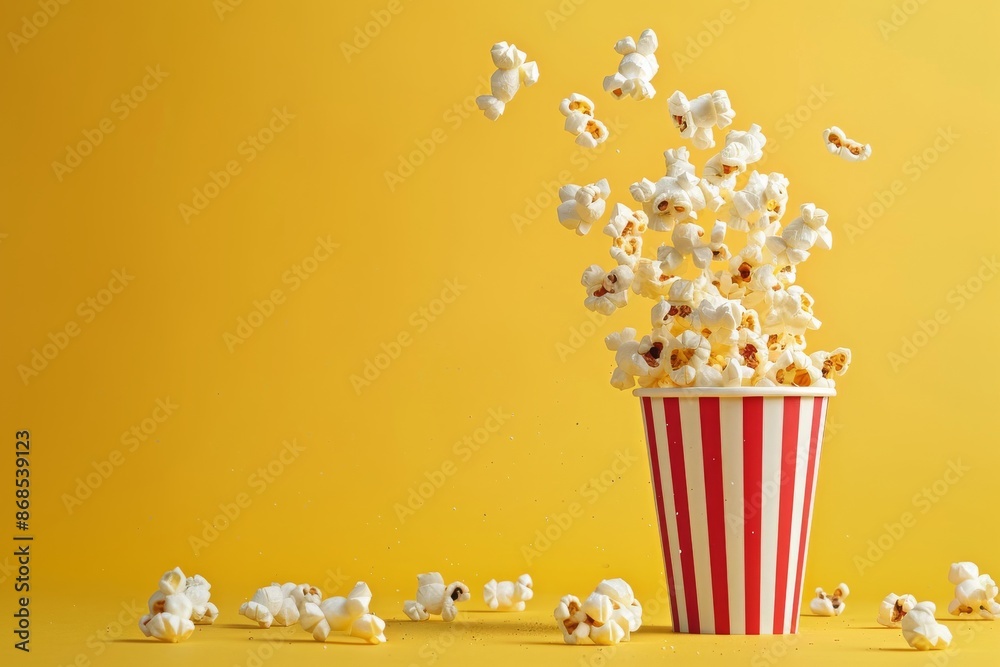 Delicious popcorn flying out of a red-white striped paper cup against yellow background Delicious popcorn flying out of a red-white striped paper cup against yellow background