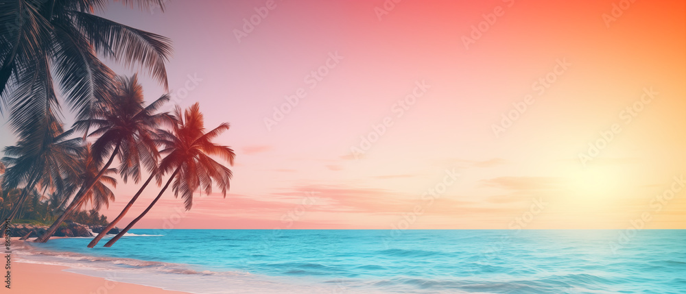 Obraz premium Sunset on a Tropical Beach with Palm Trees