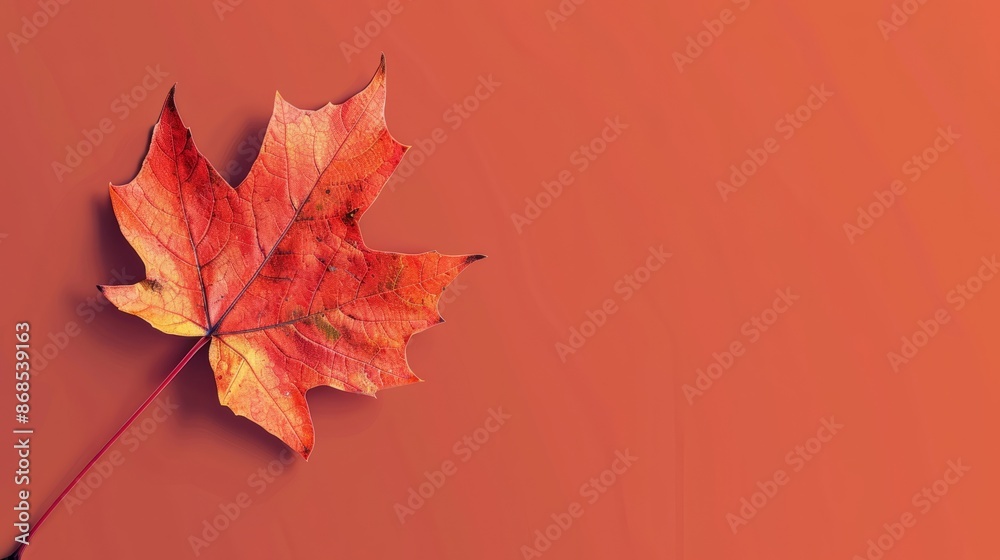 Fototapeta premium Autumn banner with a lonely maple leaf on a bright background. 