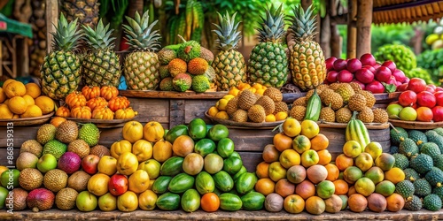 Colorful tropical fruit stand with ripe mangoes, pineapples, papayas, and coconuts on display , vibrant, tropical, fruit © Sujid