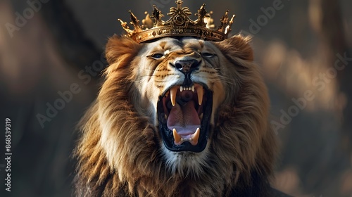 A majestic lion wearing a golden crown, roaring fiercely, epitomizes raw power and regal authority in the wild. photo