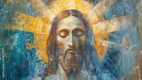 abstract portrait of christ with luminous halo ethereal blues and golds impressionistic brushstrokes conveying divine presence serene expression radiating compassion and wisdom photo