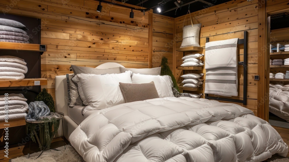 luxury bedding store with a soothing environment created by walls of soft-toned cedar wood, enhancing the comfort and quality of the sleep products luxury bedding store with a soothing environment created by walls of soft-toned cedar wood, enhancing the comfort and quality of the sleep products