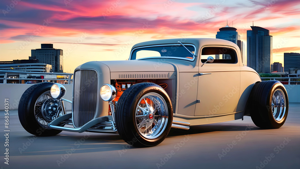 beautiful old timer hot rod vintage matte grey car at sunset, transport and vehicles, automotive background, auto mock up