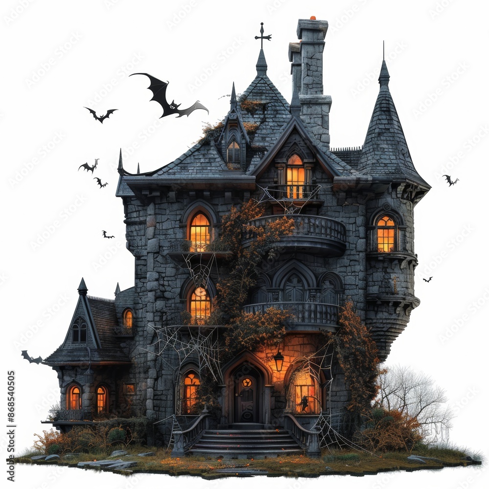 Haunted Mansion: Spooky Glow, Bats and Spider Webs - Eerie Halloween Scene on Isolated White Background with Copy Space Haunted Mansion: Spooky Glow, Bats and Spider Webs - Eerie Halloween Scene on Isolated White Background with Copy Space