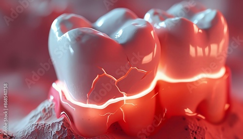 Close-up of a cracked tooth with red inflamed gums.