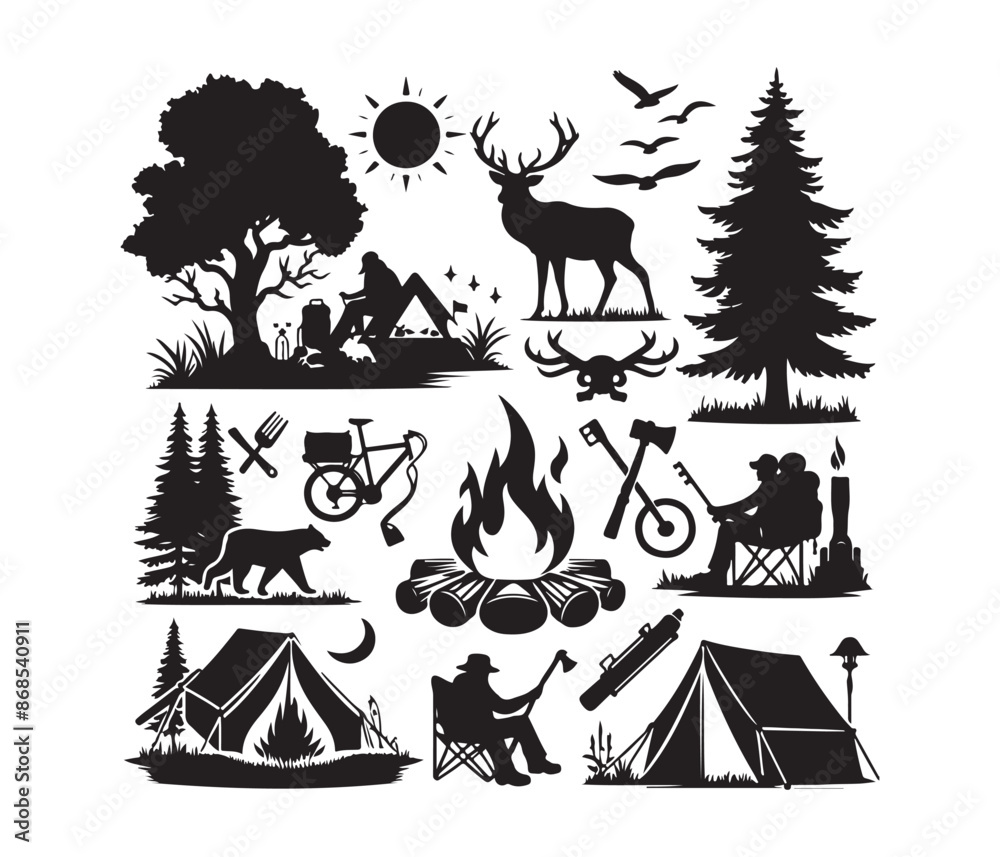 Fototapeta premium camping and campfire svg vector art graphic resources silhouette vector style, white background