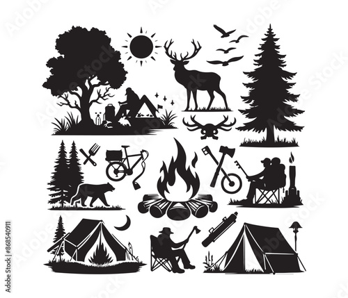 camping and campfire svg vector art graphic resources silhouette vector style, white background