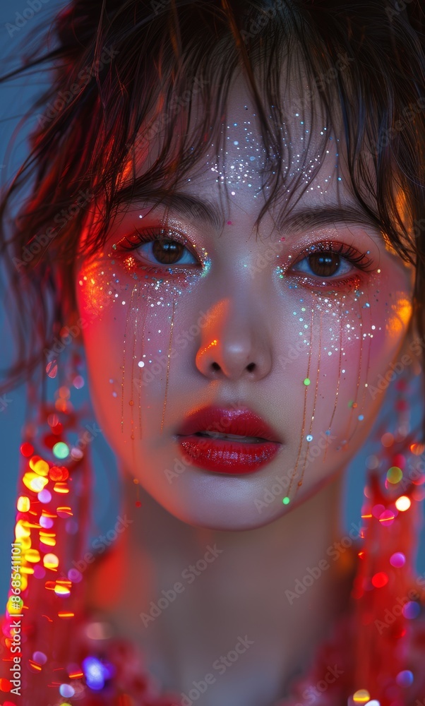 Beautiful Japanese woman with eye makeup and colorful , with bright colors and red details, real photo, closeup of face, looking at camera, big earrings, messy hair, red lips, gorgeous background Beautiful Japanese woman with eye makeup and colorful , with bright colors and red details, real photo, closeup of face, looking at camera, big earrings, messy hair, red lips, gorgeous background